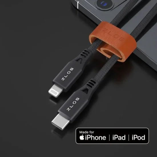 Zlos USB-C to Lightning Cable Leather Strap Included - Black